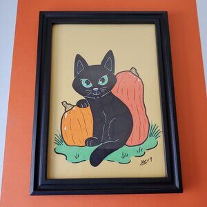 Black Cat with Pumpkins | Framed Original Mixed Media Illustration